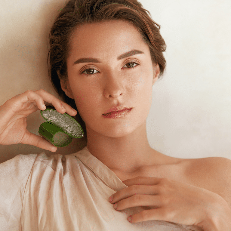 Beauty Portrait Of Woman With Aloe Vera Slices.